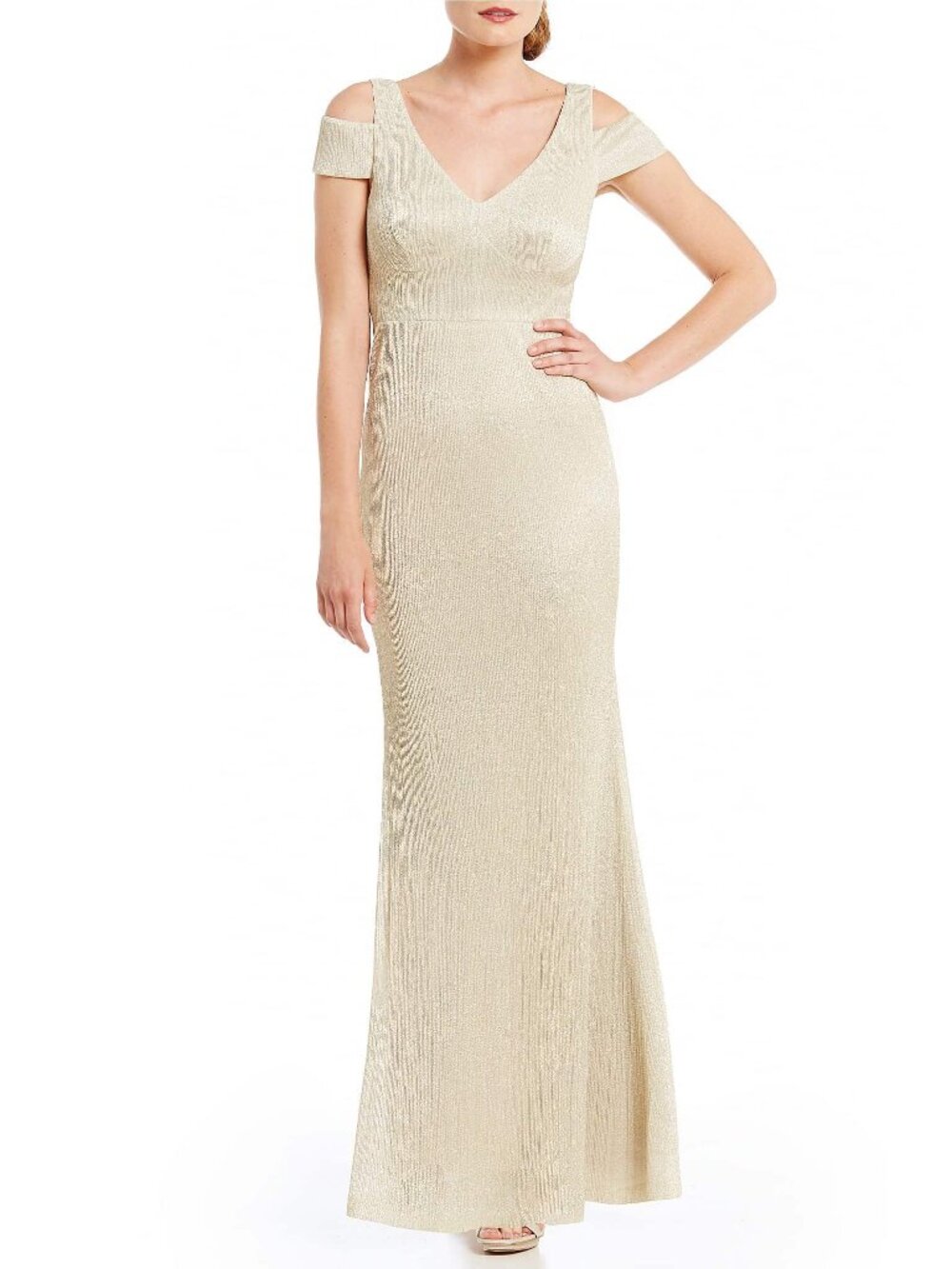 NWT Calvin Klein Champagne Gold Shimmer Cold Shoulder Maxi Gown Size 6